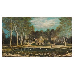 Antique French 19th Century Oil on Canvas Hamlet Painting with Circular Fountain