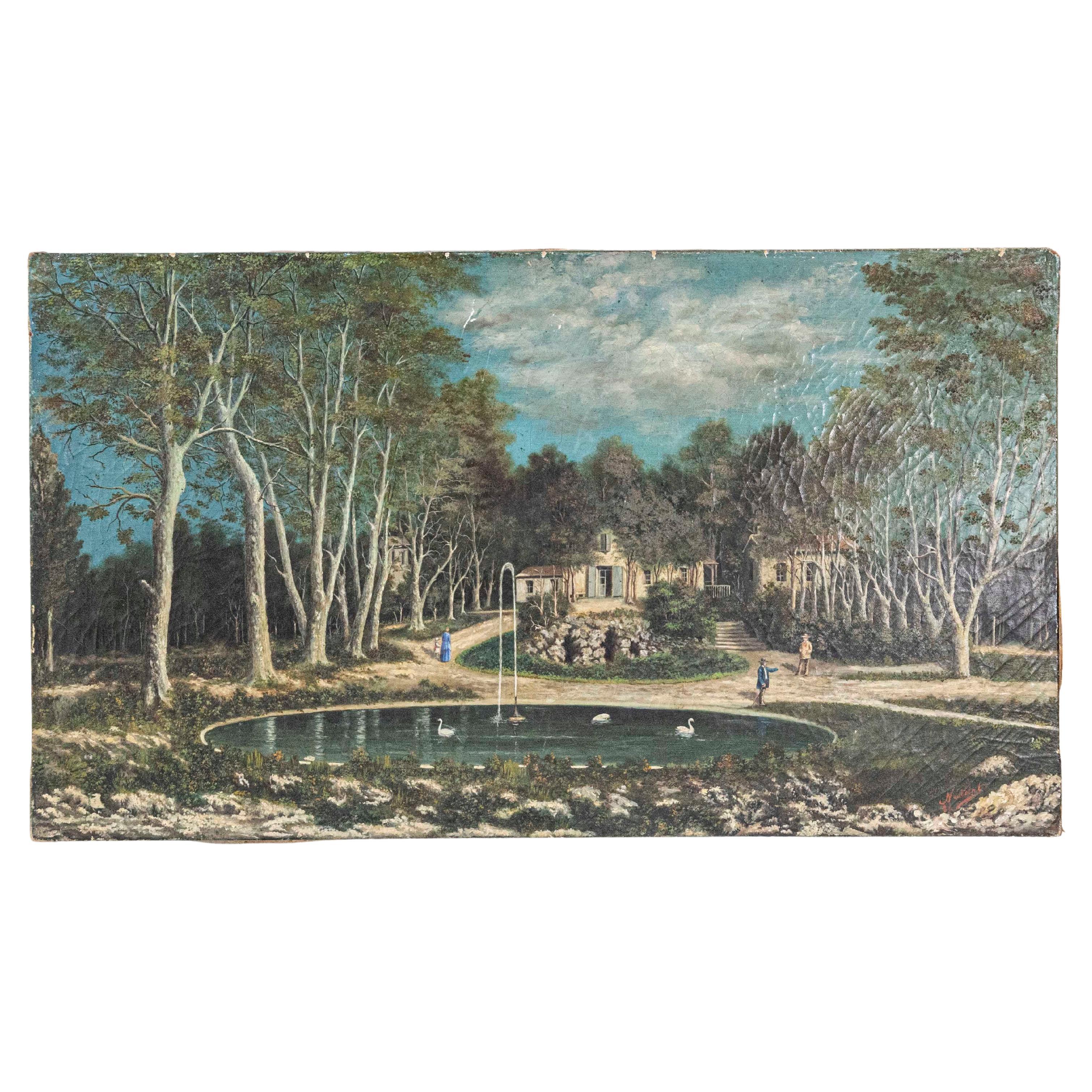 French 19th Century Oil on Canvas Hamlet Painting with Circular Fountain