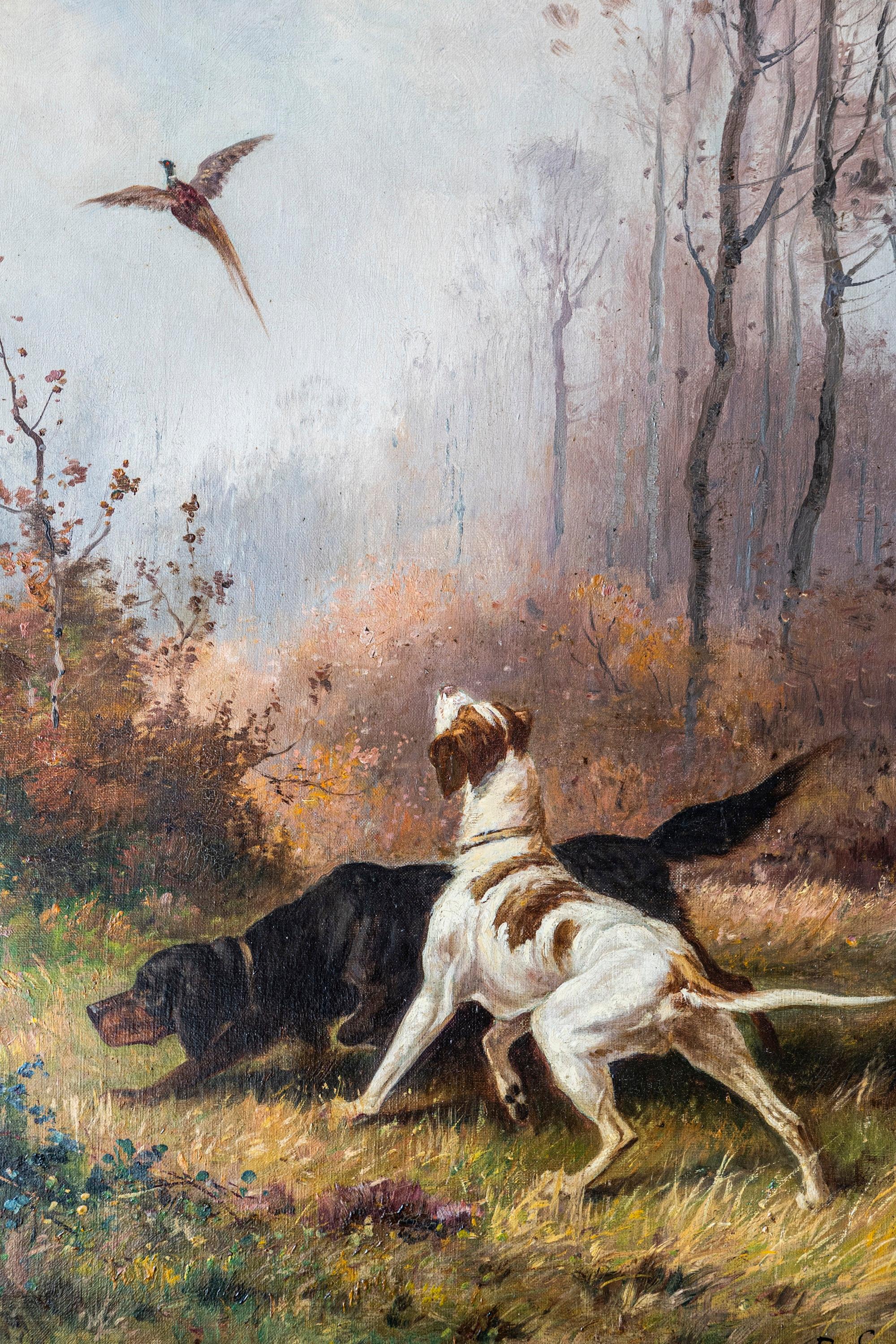Français Huile sur toile française du 19ème siècle représentant une scène de chasse par B. Lanoux, dans un cadre en vente