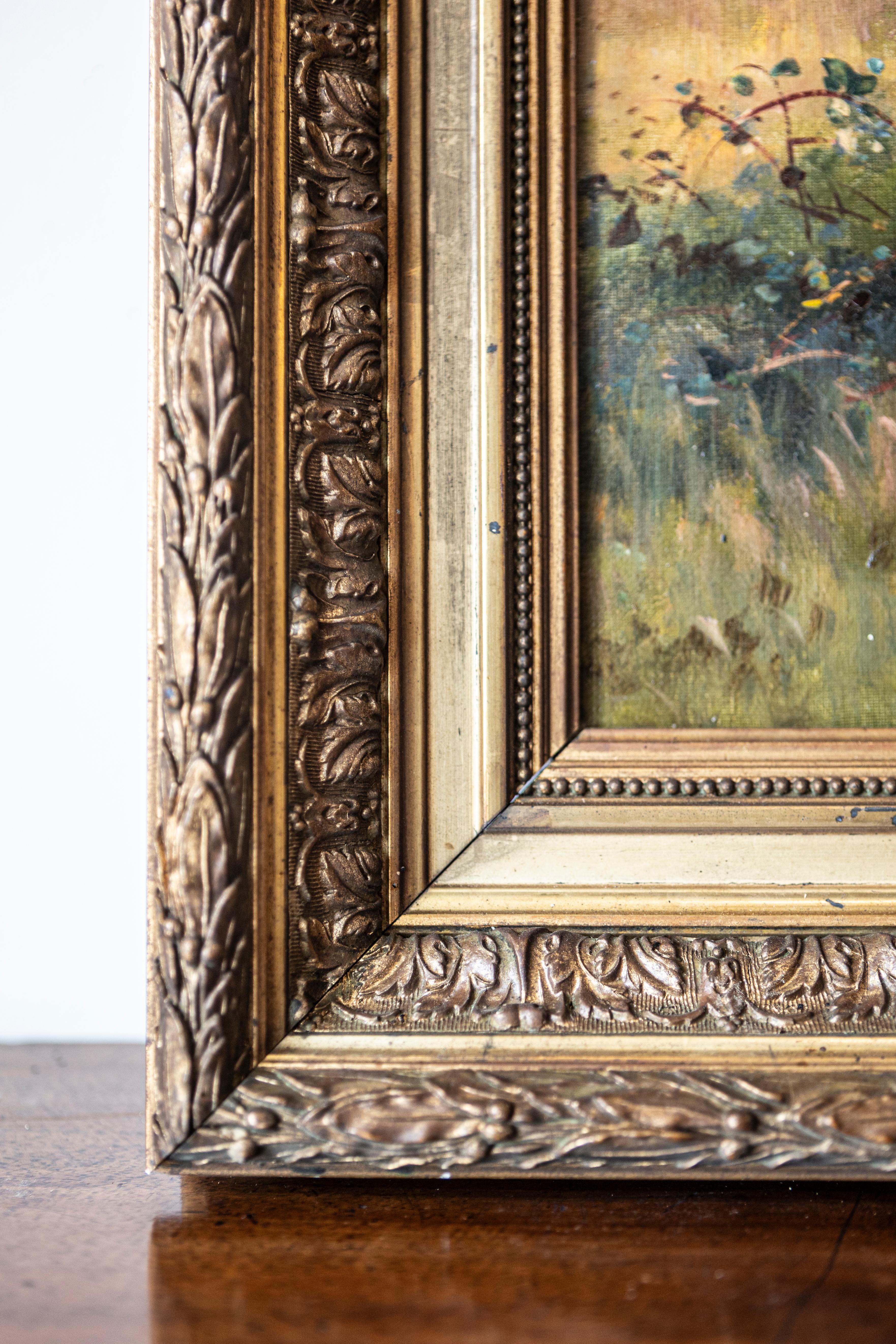 Huile sur toile française du 19ème siècle représentant une scène de chasse par B. Lanoux, dans un cadre en vente 2