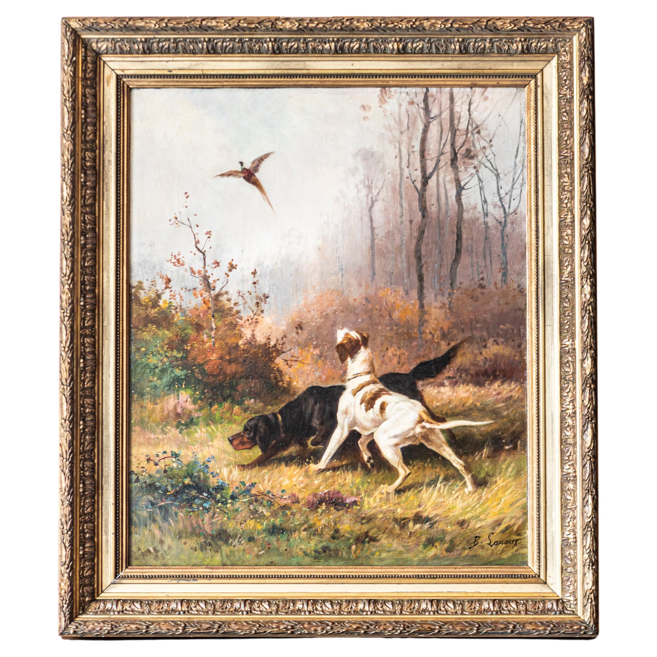 Huile sur toile française du 19ème siècle représentant une scène de chasse par B. Lanoux, dans un cadre en vente