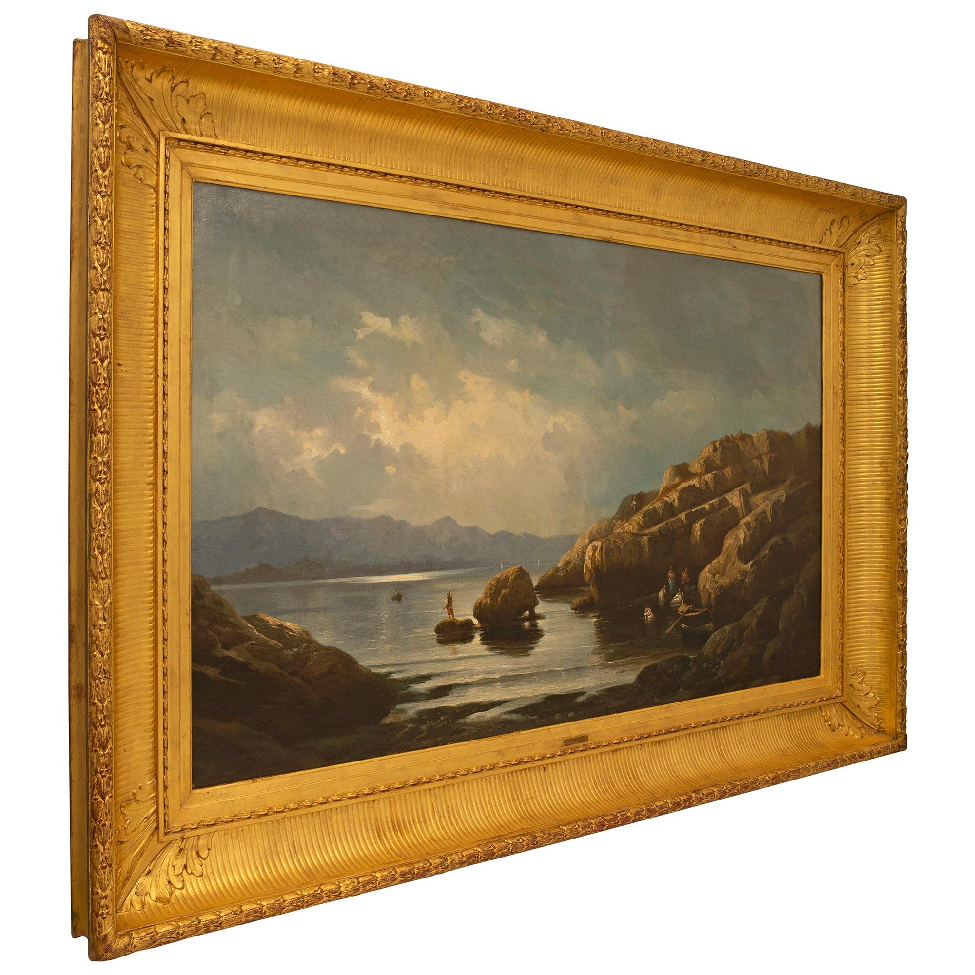 Une sensationnelle et grande peinture française du milieu du 19ème siècle à l'huile sur toile par Marie-Auguste Martin vers 1860. Cette belle peinture de paysage est placée dans son cadre original en bois doré avec une bande de laurier richement