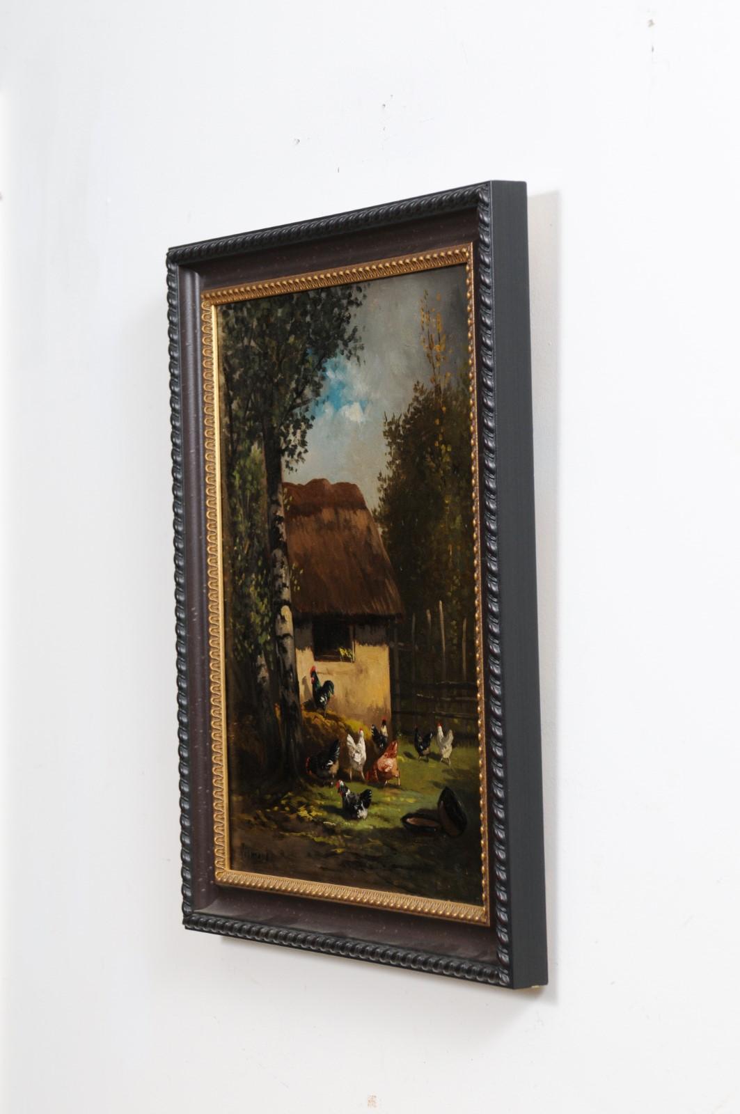 Peinture à l'huile sur toile française du 19ème siècle représentant des coqs dans un grange en vente 3
