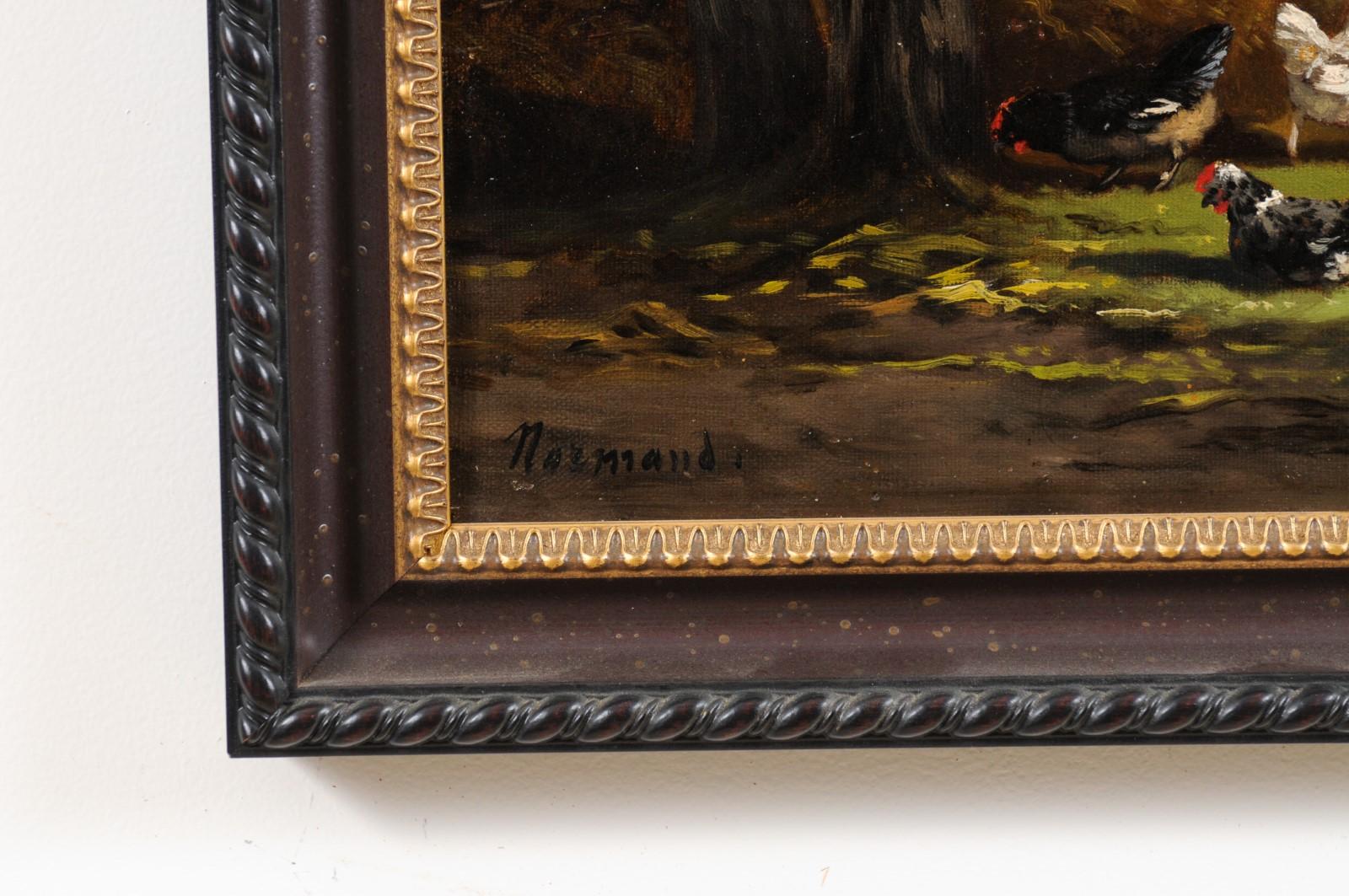 Peint à la main Peinture à l'huile sur toile française du 19ème siècle représentant des coqs dans un grange en vente