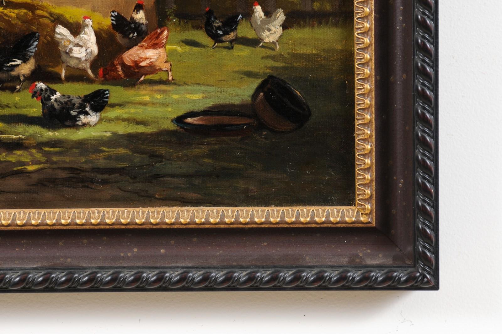 Peinture à l'huile sur toile française du 19ème siècle représentant des coqs dans un grange Bon état - En vente à Atlanta, GA
