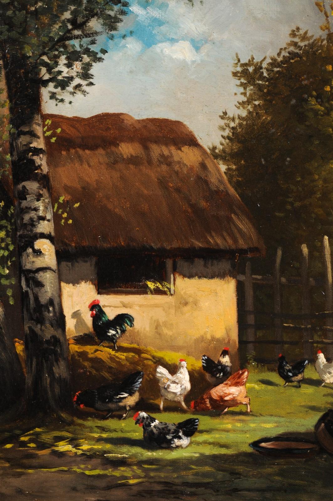 Peinture à l'huile sur toile française du 19ème siècle représentant des coqs dans un grange en vente 1
