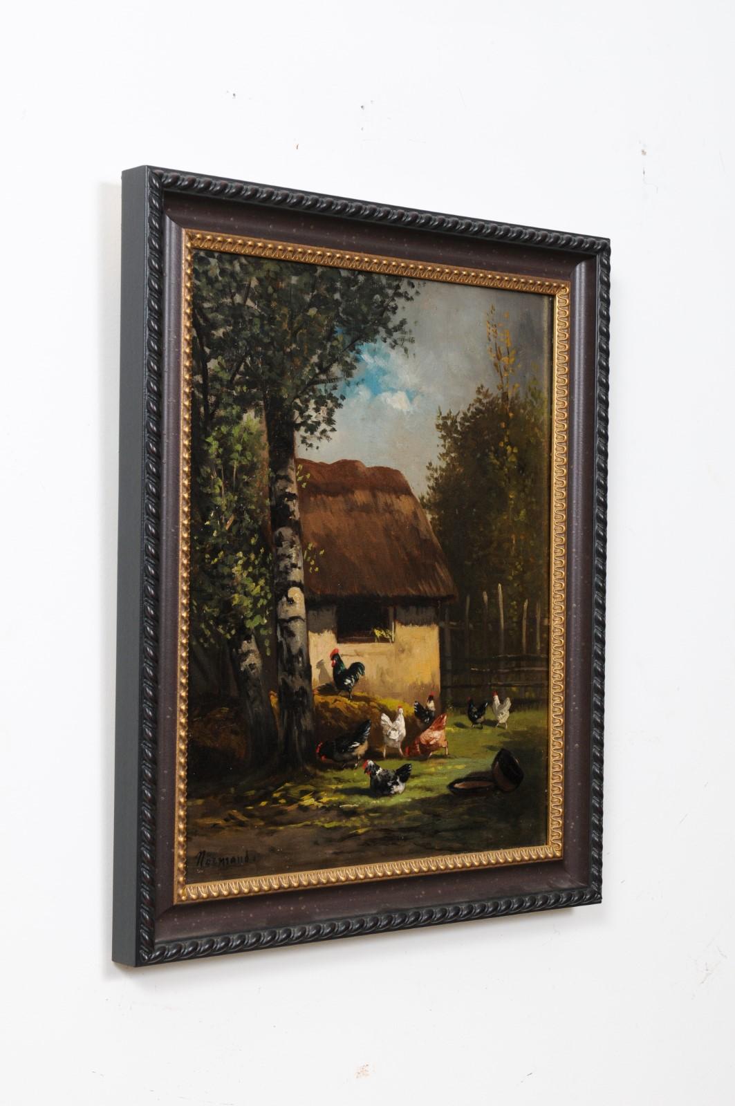 Peinture à l'huile sur toile française du 19ème siècle représentant des coqs dans un grange en vente 2
