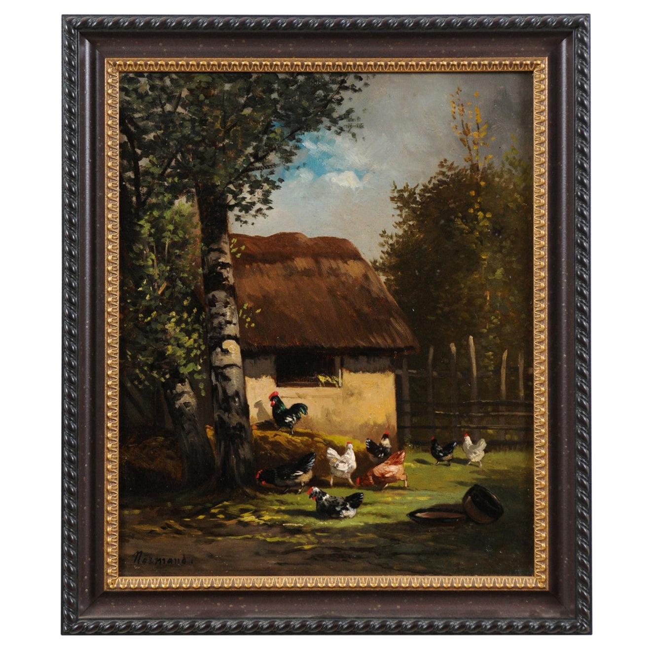 Peinture à l'huile sur toile française du 19ème siècle représentant des coqs dans un grange