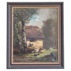 French 19th Century Oil on Canvas Painting Depicting Roosters in a Barnyard