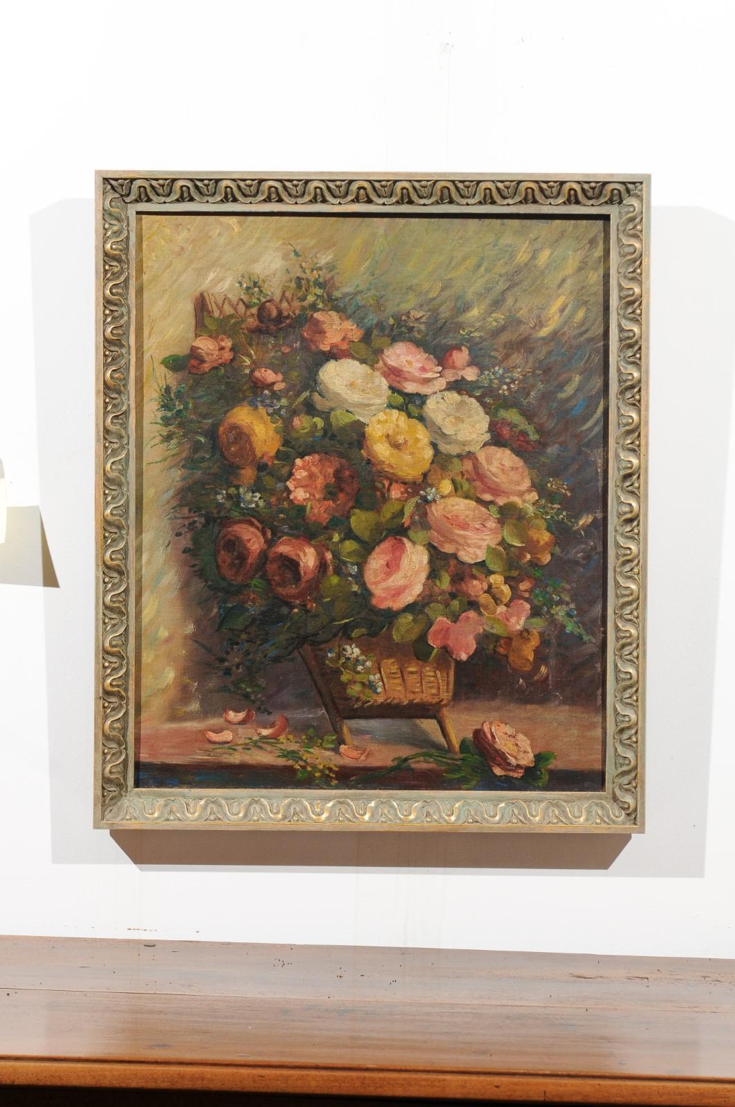 A French framed oil on canvas still-life painting from the 19th century, depicting roses in a basket. Born in France during the 19th century, this elegant oil on canvas depicts a luscious bouquet of pink, white and yellow roses overflowing a small