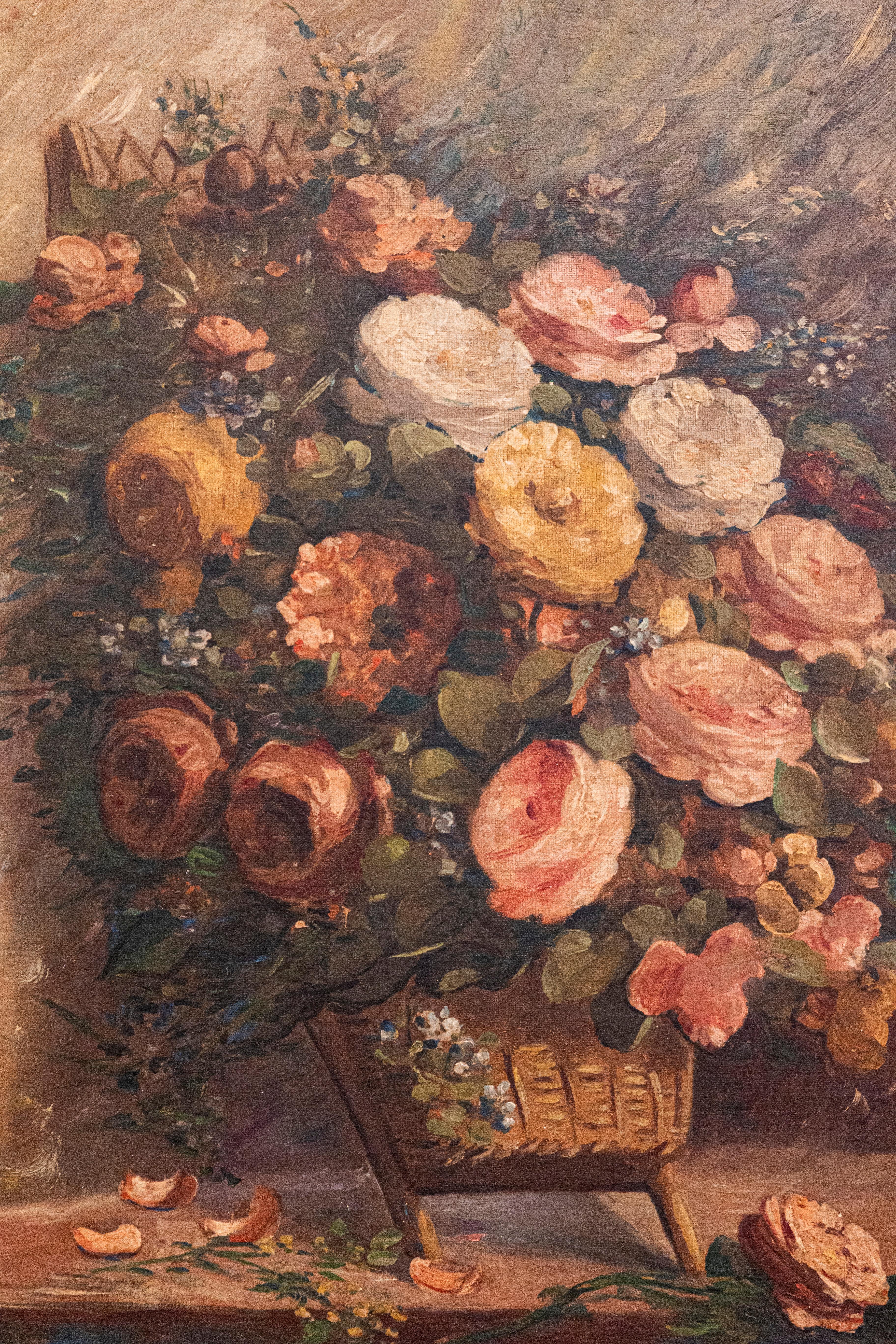 French 19th Century Oil on Canvas Still-Life Painting Depicting Roses in Basket In Good Condition For Sale In Atlanta, GA