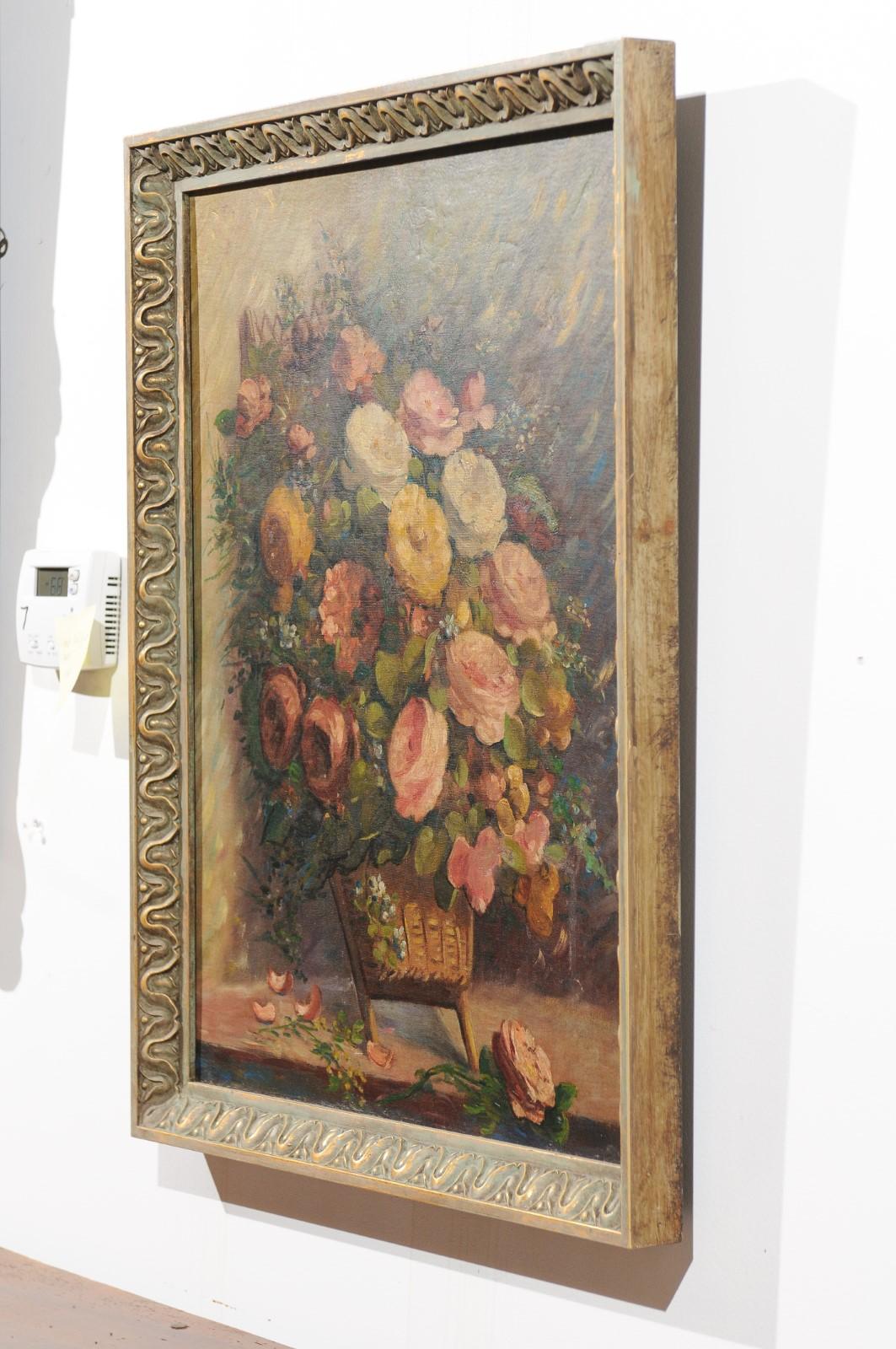 French 19th Century Oil on Canvas Still-Life Painting Depicting Roses in Basket 1