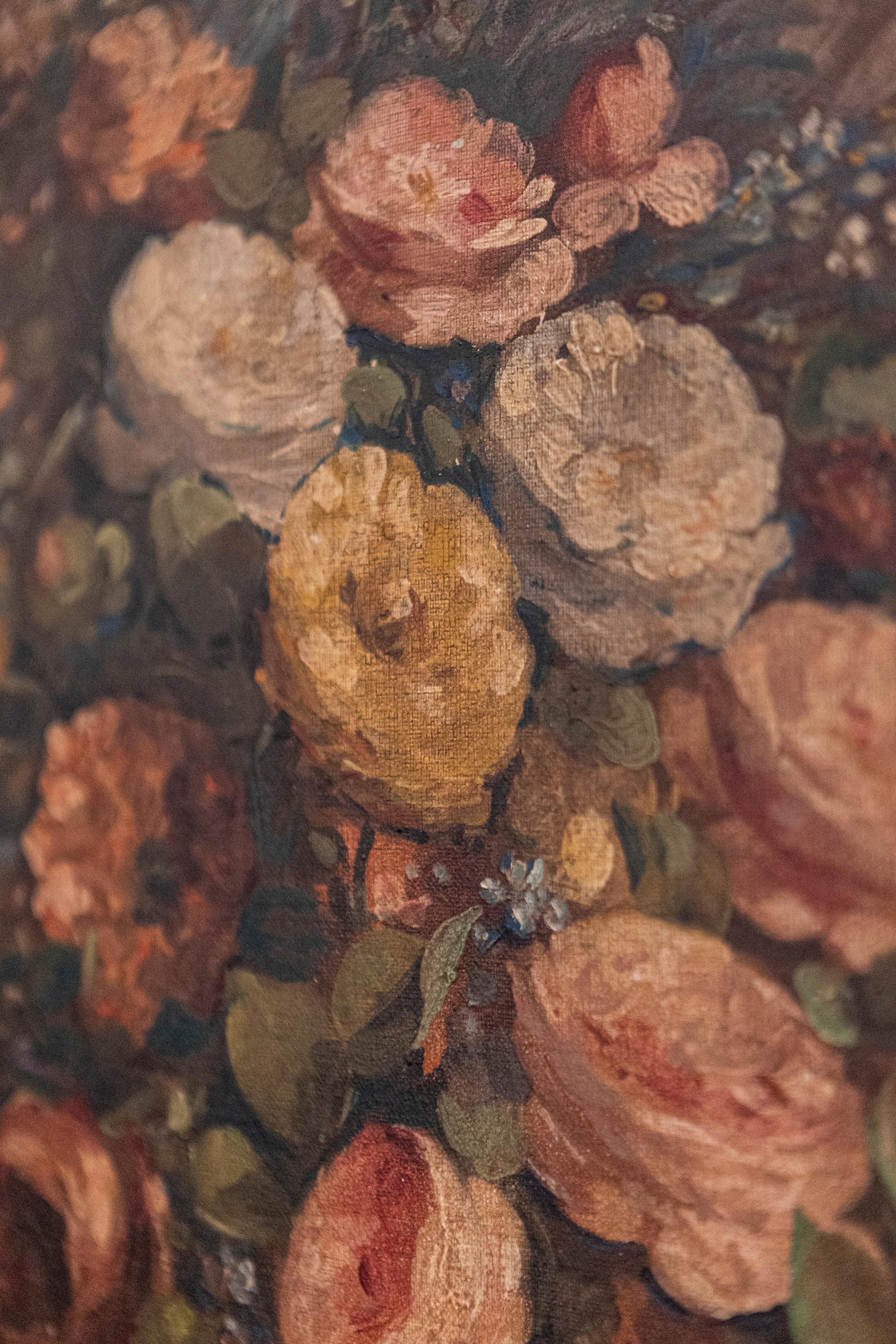 French 19th Century Oil on Canvas Still-Life Painting Depicting Roses in Basket For Sale 1