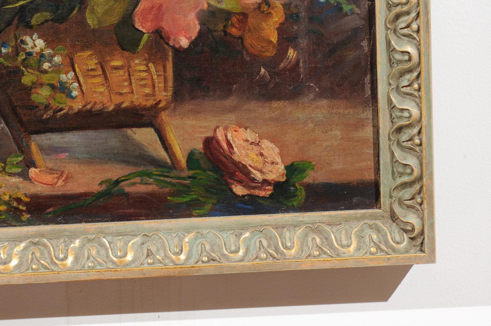French 19th Century Oil on Canvas Still-Life Painting Depicting Roses in Basket 2