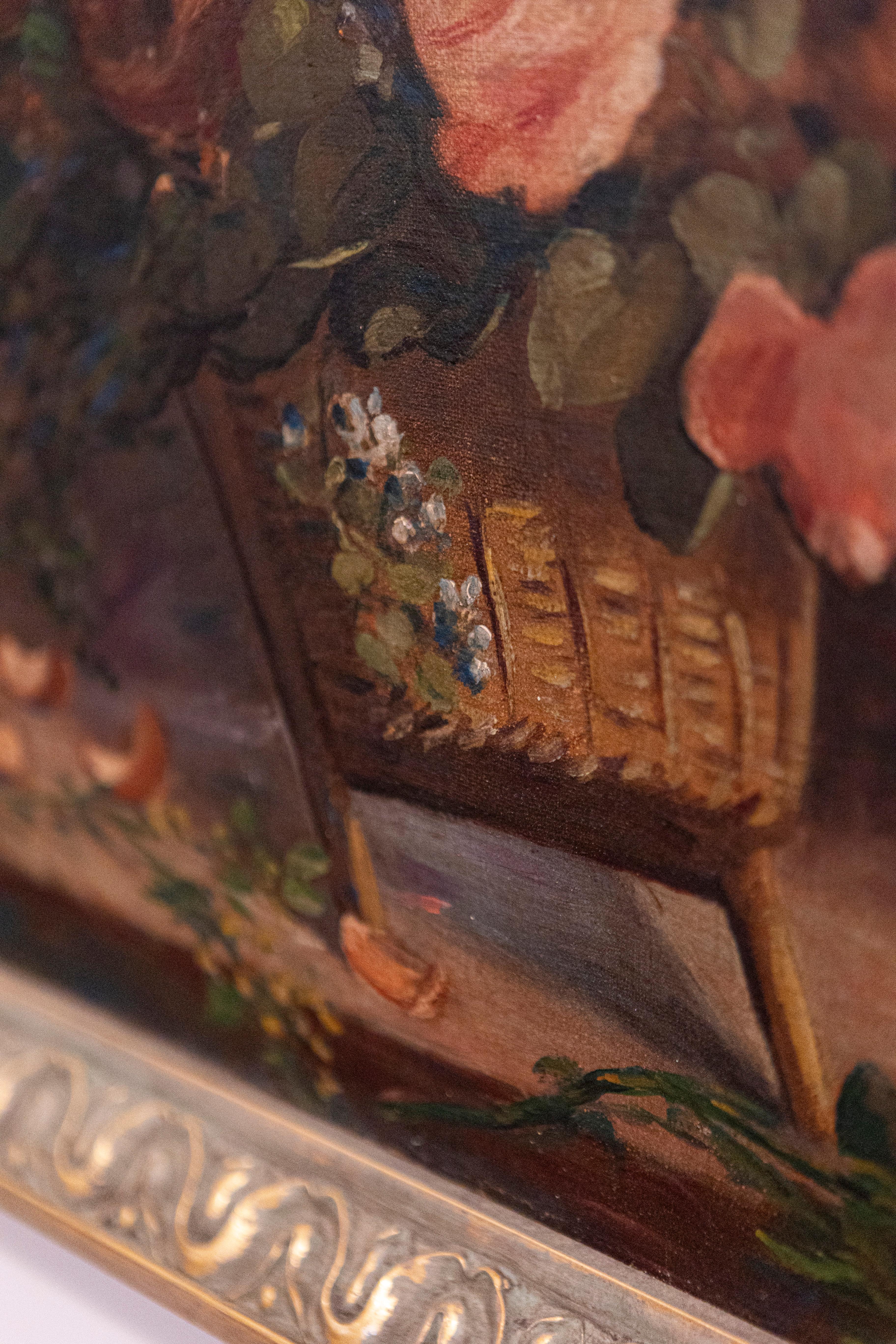 French 19th Century Oil on Canvas Still-Life Painting Depicting Roses in Basket For Sale 2