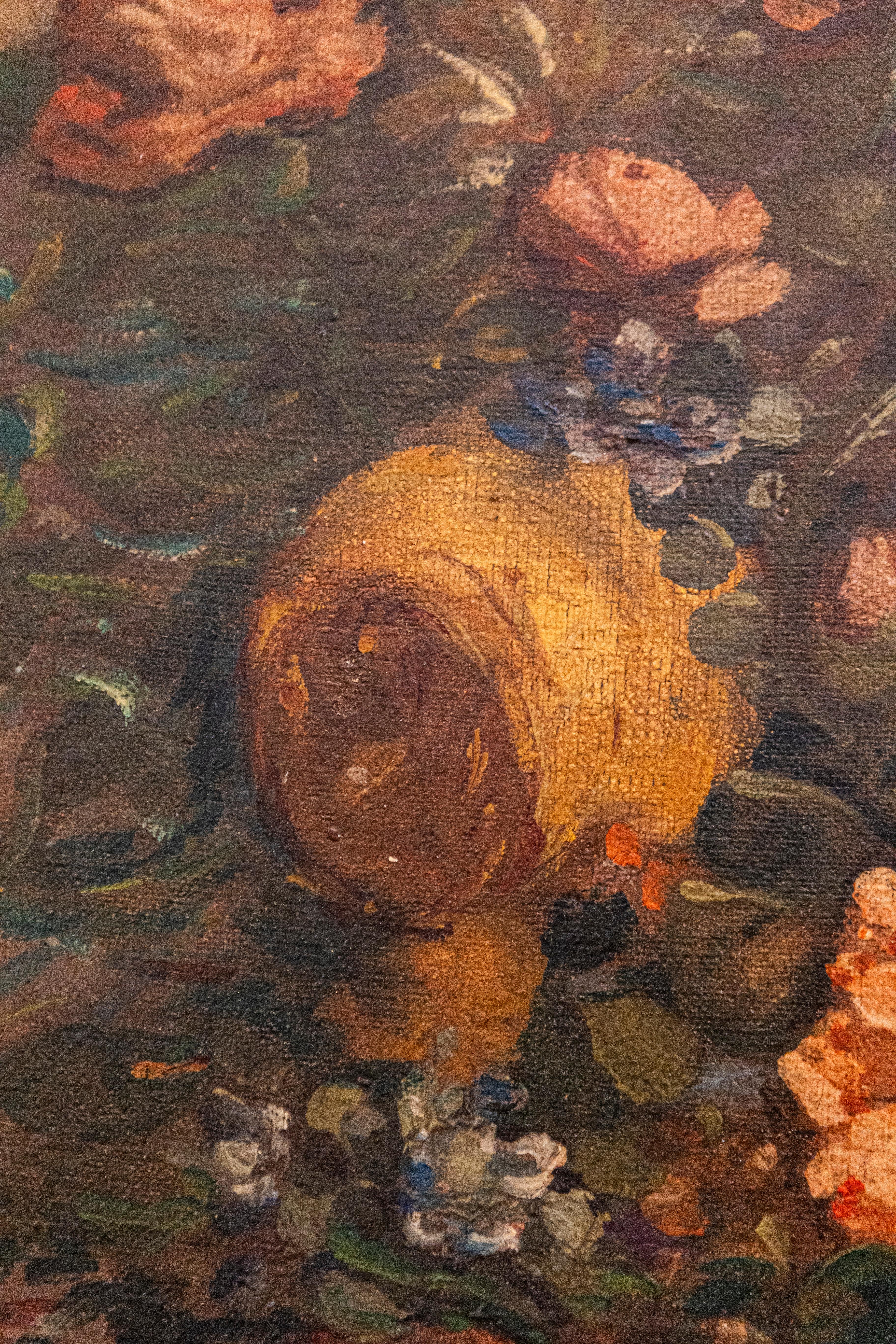 French 19th Century Oil on Canvas Still-Life Painting Depicting Roses in Basket For Sale 3