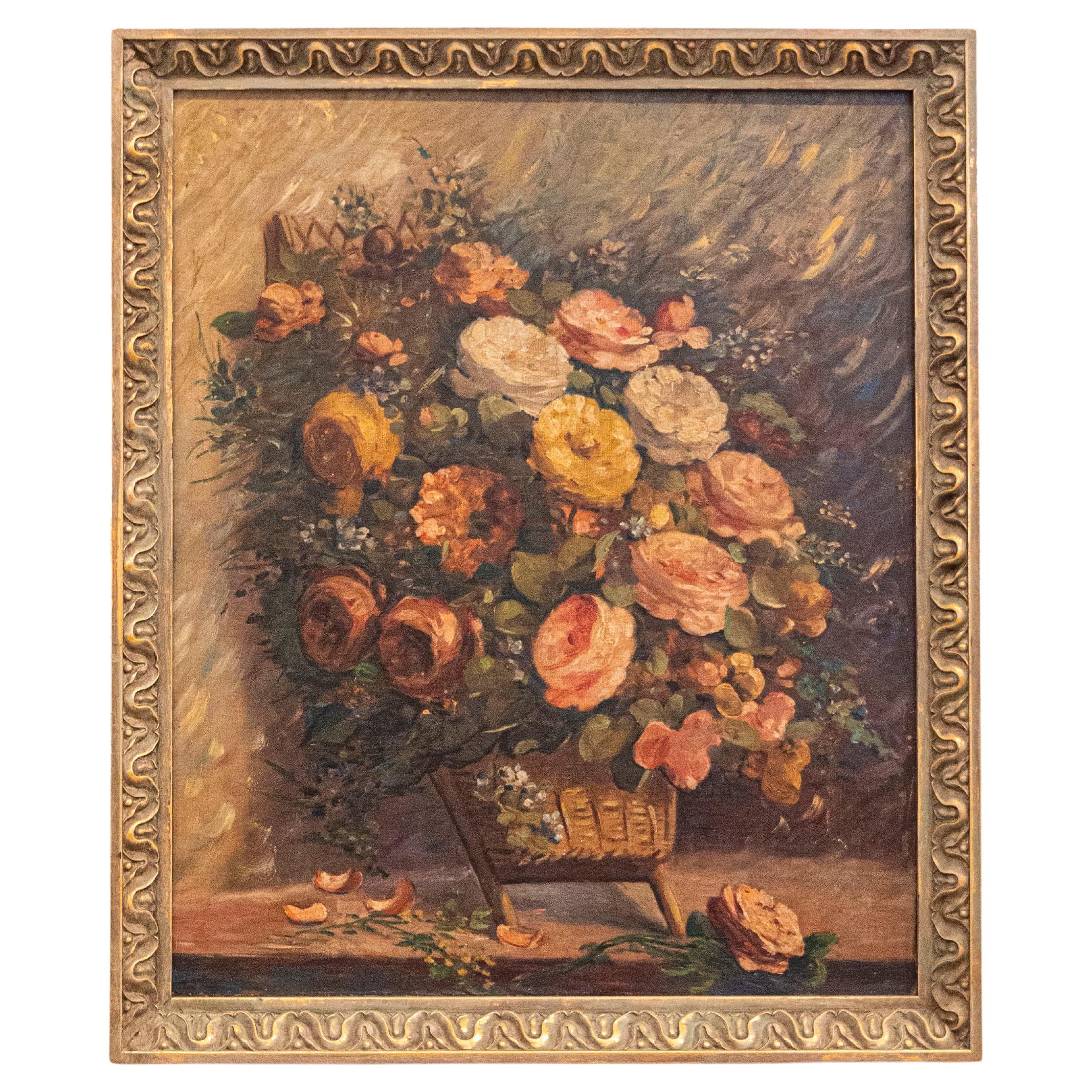 Huile sur toile française du 19ème siècle représentant des roses dans un panier