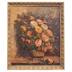 Huile sur toile française du 19ème siècle représentant des roses dans un panier