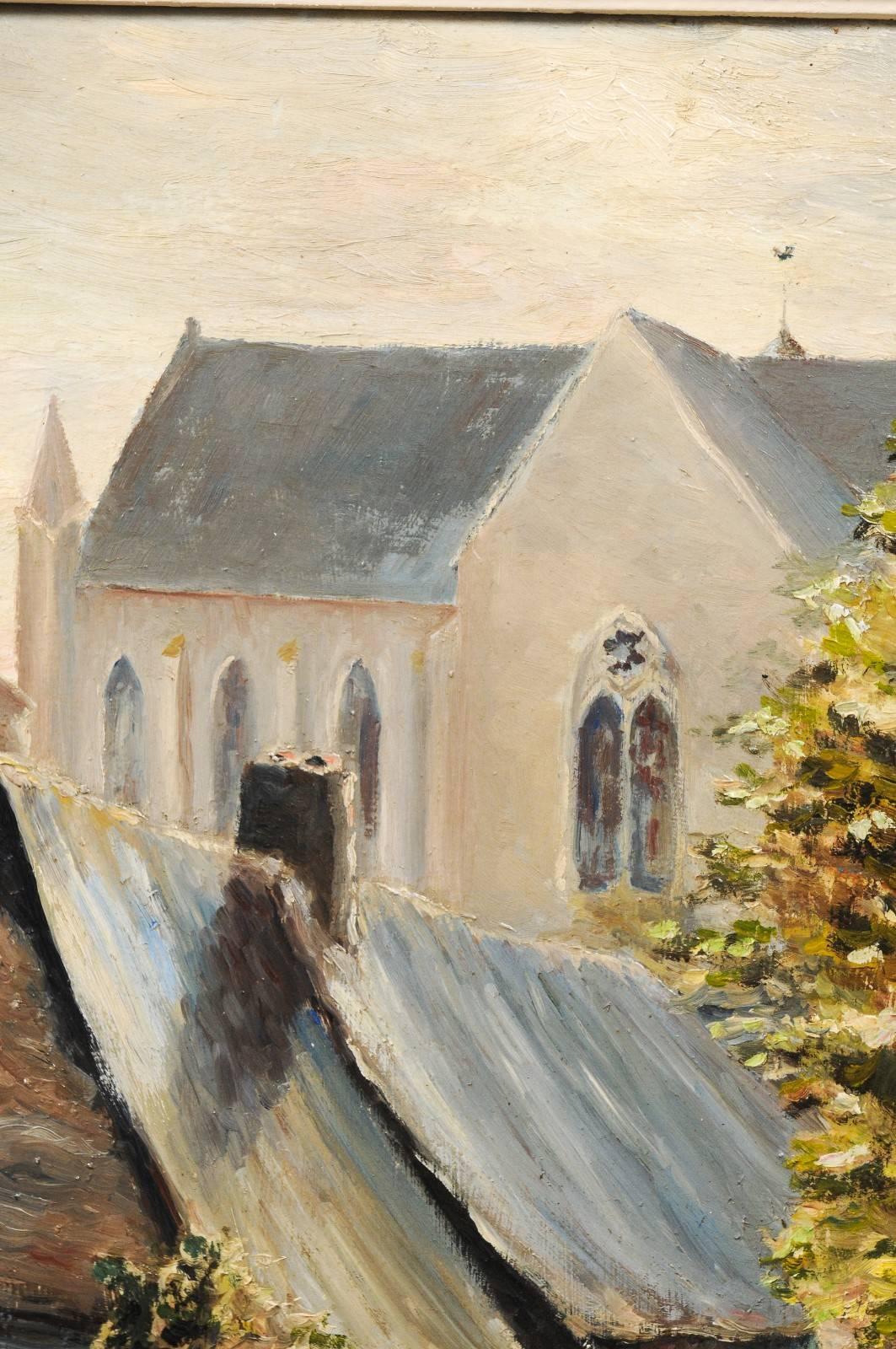 French 19th Century Oil on Wood Painting Depicting a Church in Brittany 4