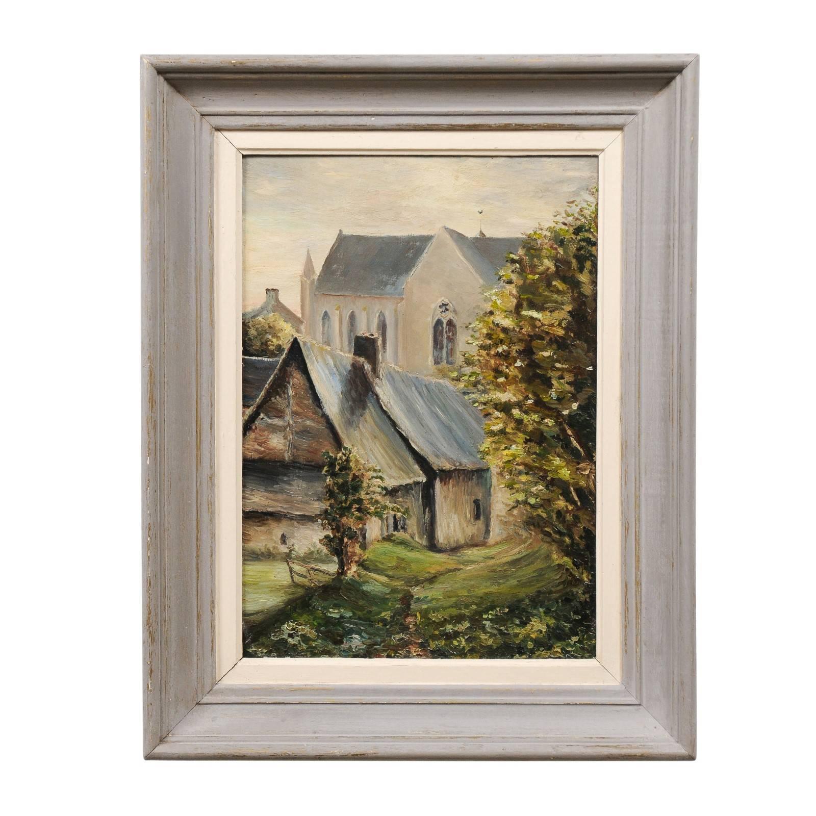 French 19th Century Oil on Wood Painting Depicting a Church in Brittany
