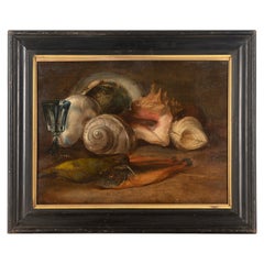 Antique French 19th Century Oil on Wood Still Life of Shells