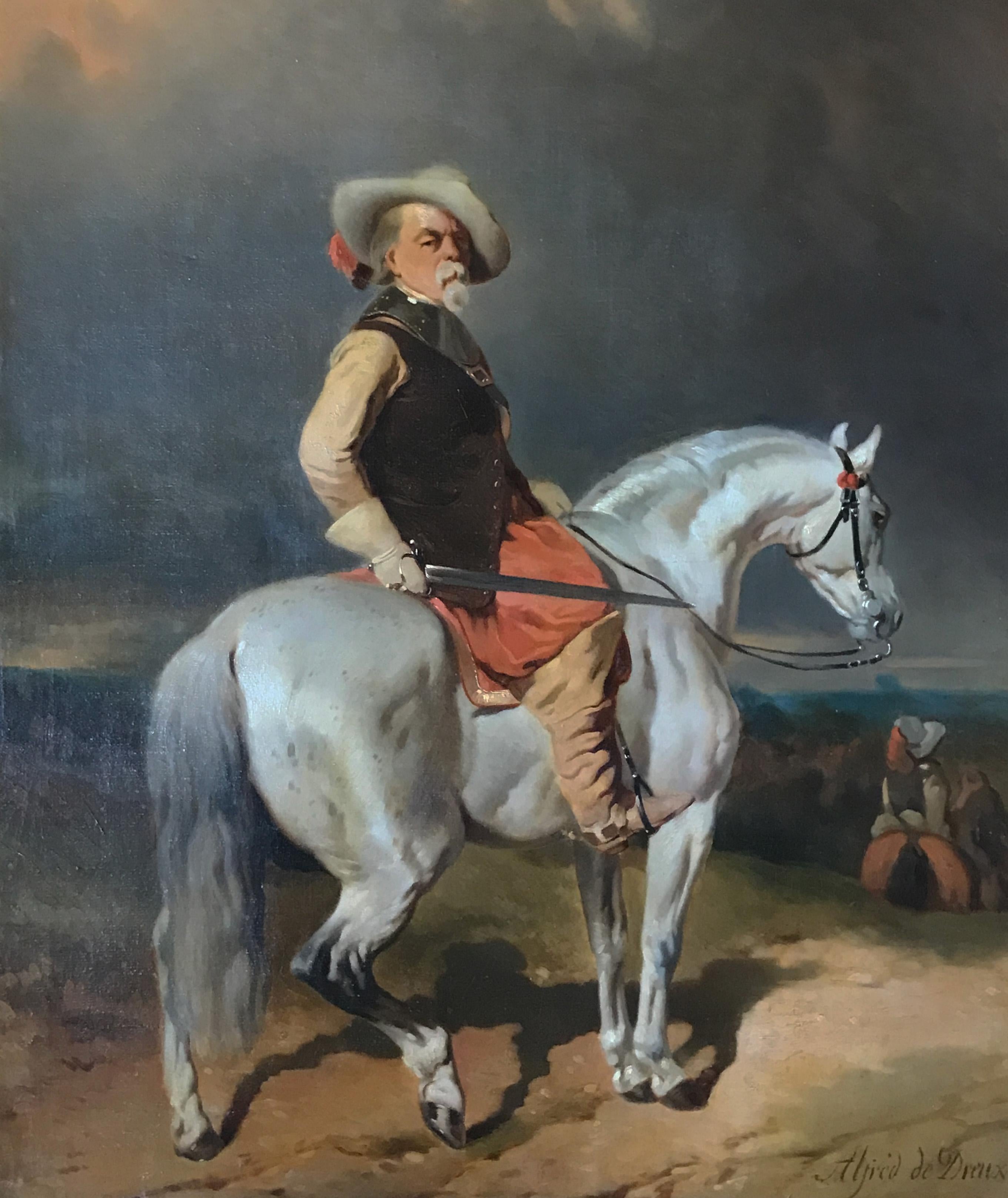 French 19th-Century Oil Painting: Follower of Alfred de Dreux - Capitaine des mousquetaires se retournant, 

A beautiful 19th-century oil on canvas Capitaine des mousquetaires se retournant (Captain of the Musketeers Turning Back). This work is an