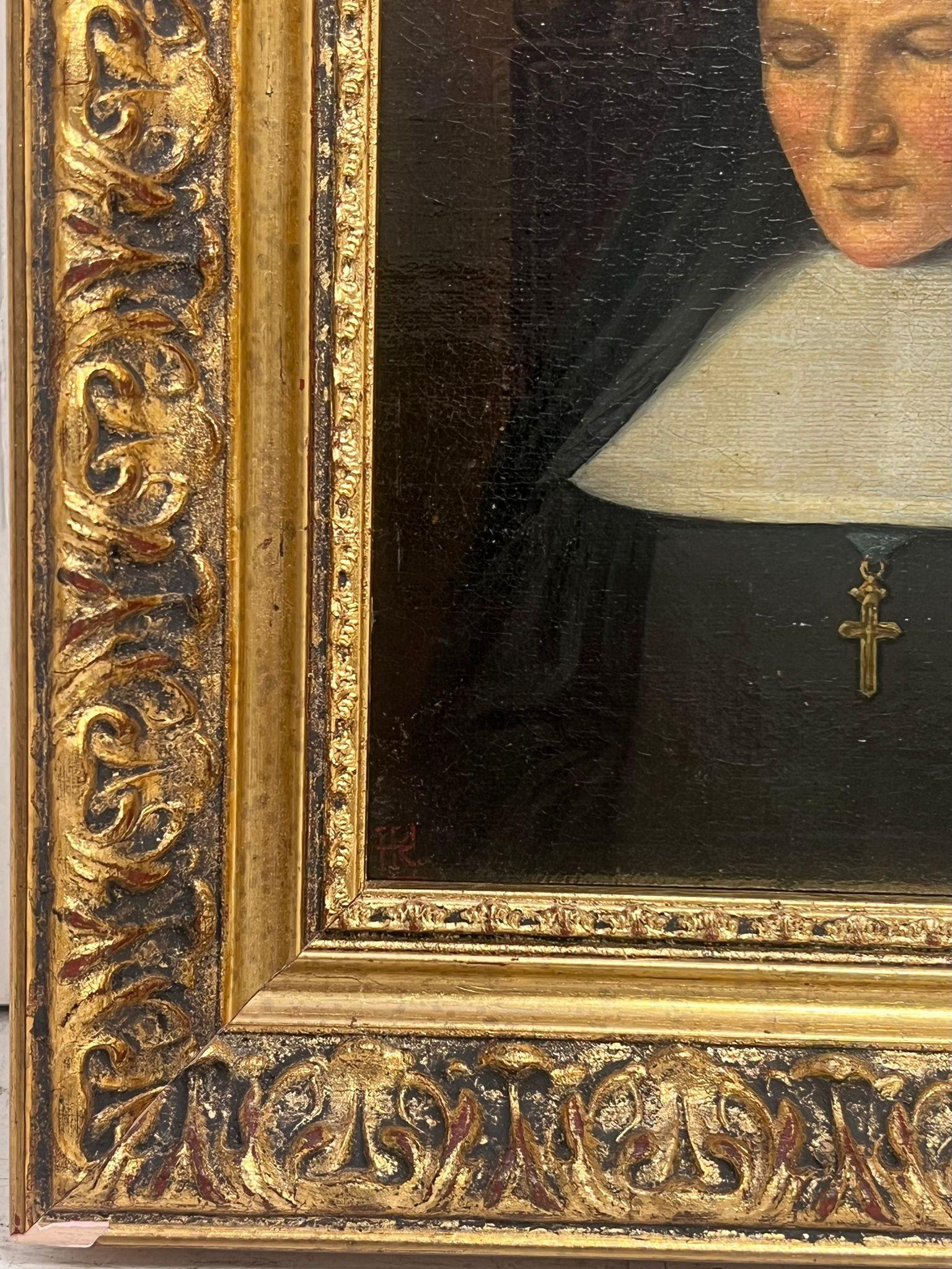 Antique French Oil Painting Ritratto di suora in abito da sera con cornice dorata 1
