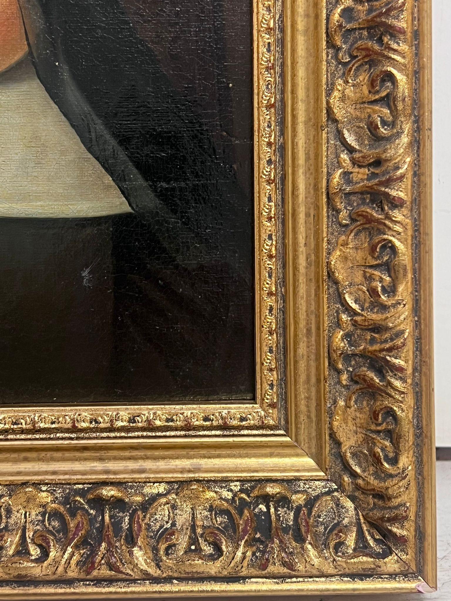 Antique French Oil Painting Ritratto di suora in abito da sera con cornice dorata 2