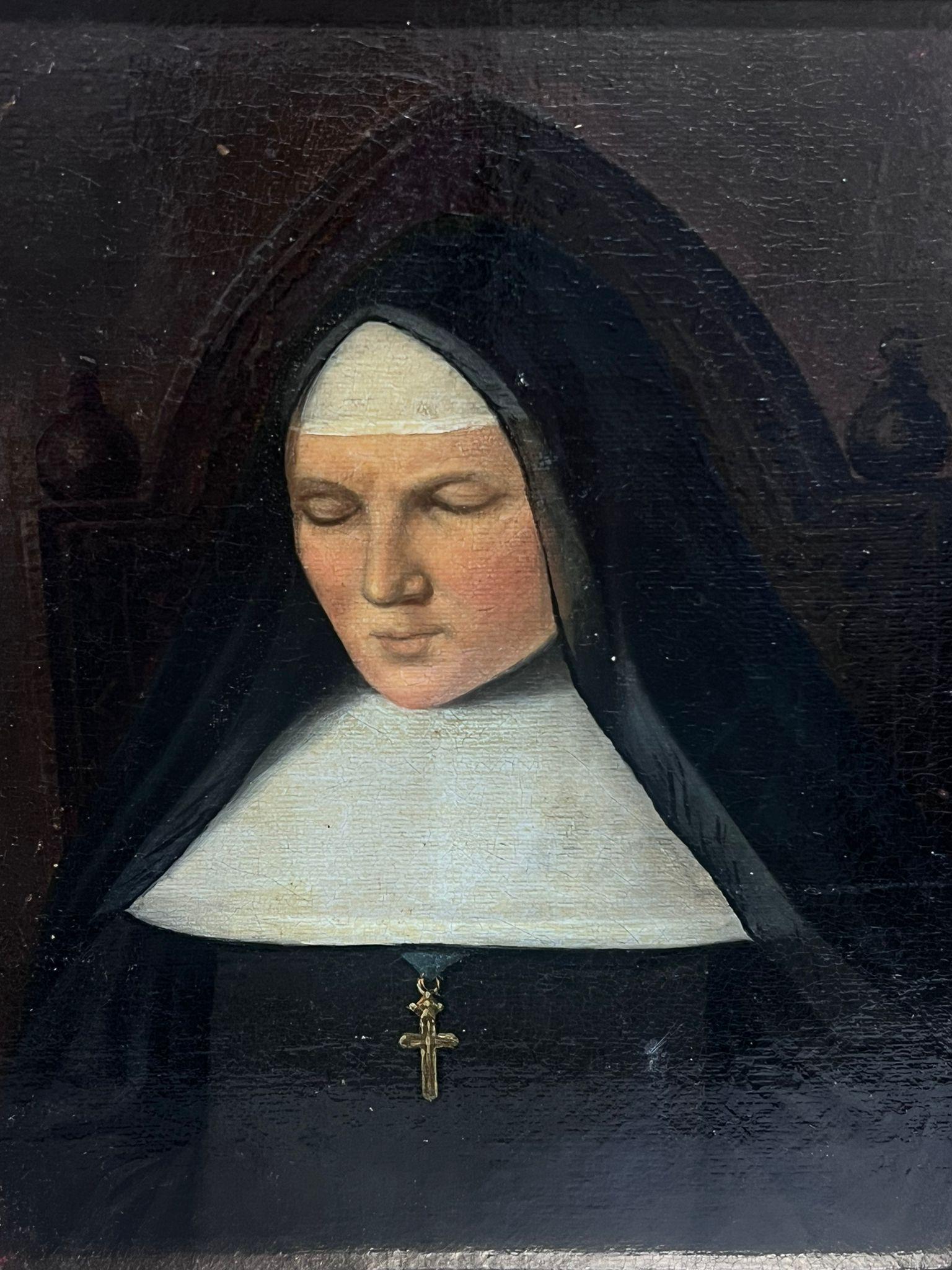 Antique French Oil Painting Ritratto di suora in abito da sera con cornice dorata 4