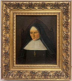Antique French Oil Painting Ritratto di suora in abito da sera con cornice dorata