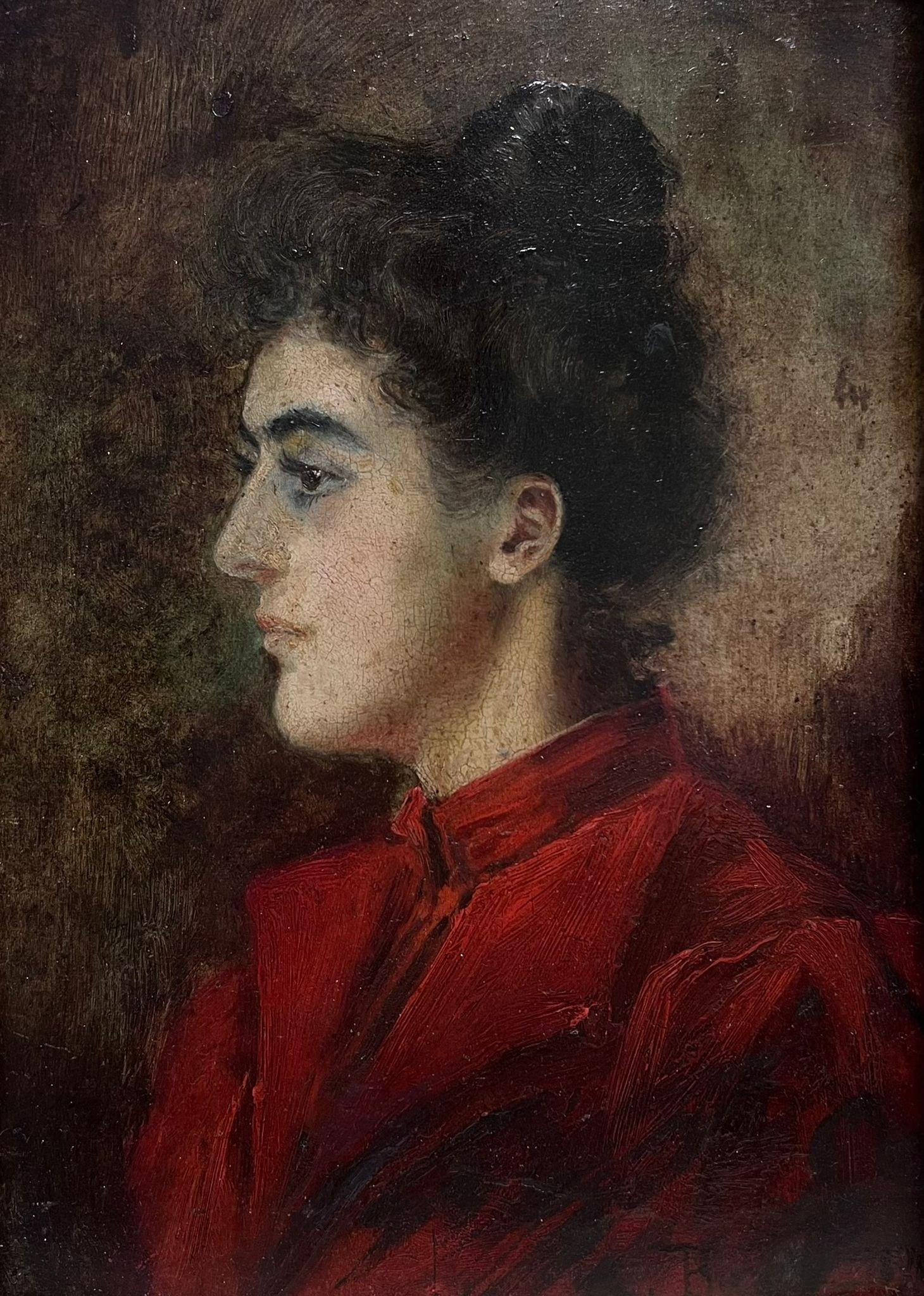 Bellissimo dipinto a olio su pannello francese del XIX secolo: Ritratto di signora in rosso - Painting di French 19th Century Oil 