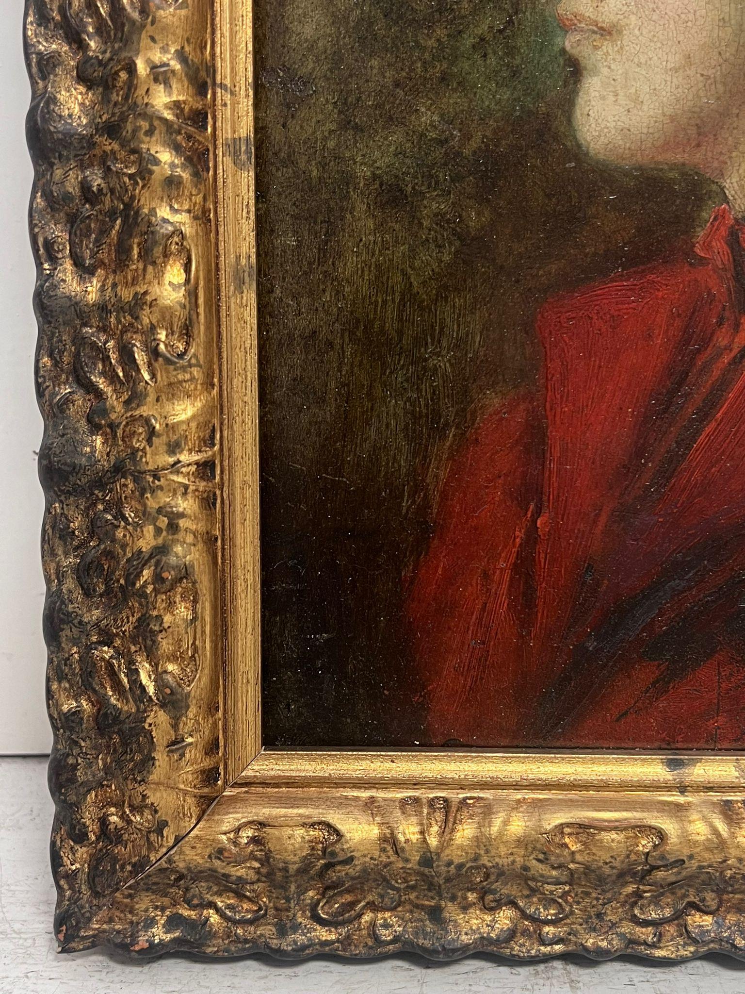 Bellissimo dipinto a olio su pannello francese del XIX secolo: Ritratto di signora in rosso - Portrait Painting Nero di French 19th Century Oil 