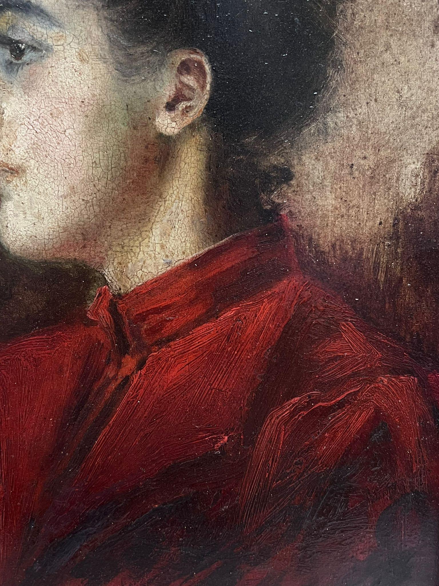 Ritratto di una signora in abito rosso
Artista francese, fine del XIX secolo
olio su pannello di legno, incorniciato in un'antica cornice dorata. 
incorniciato: 16,5 x 13 pollici
tavola: 13 x 9,5 pollici
provenienza: collezione privata,