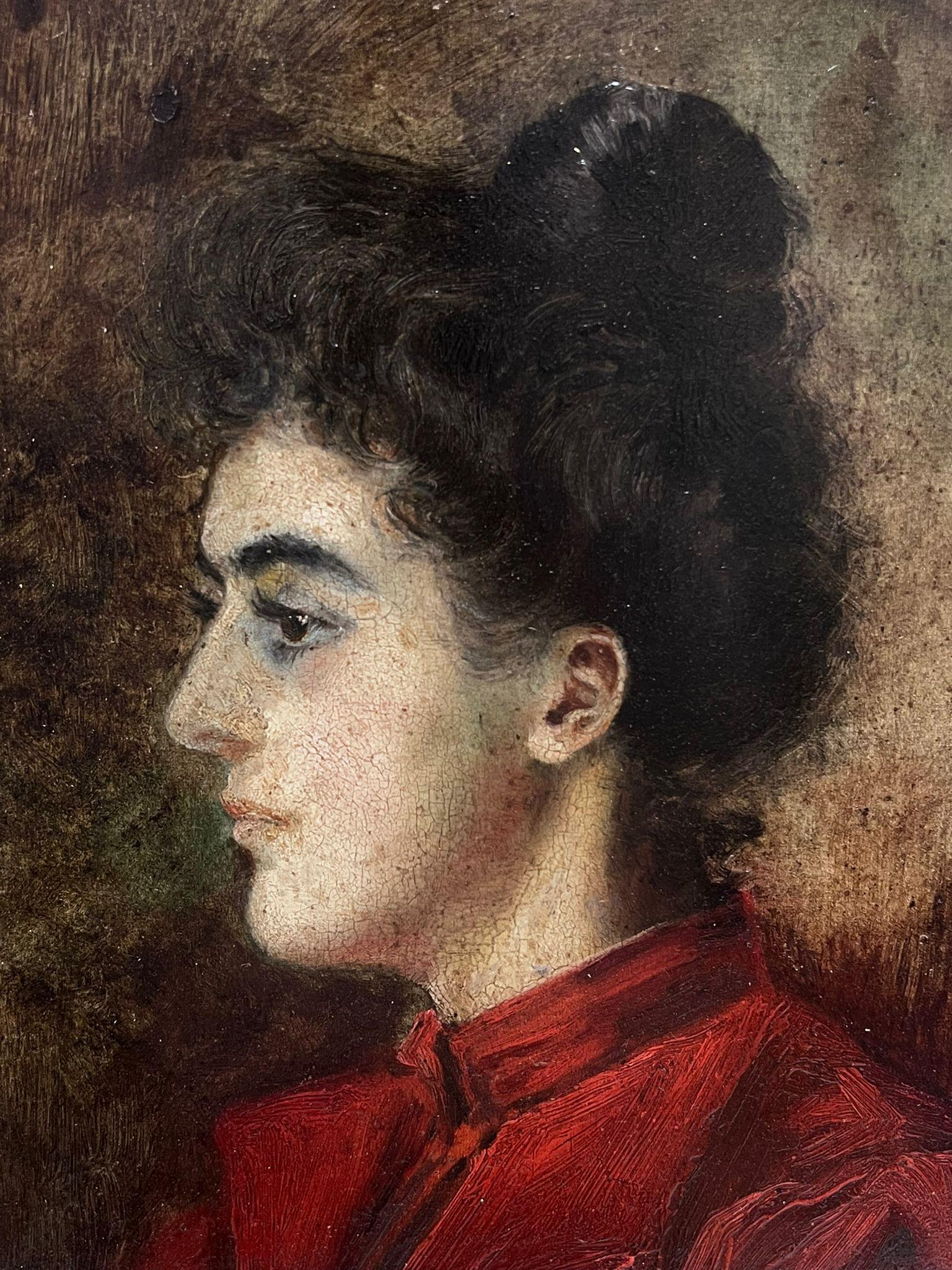 Bellissimo dipinto a olio su pannello francese del XIX secolo: Ritratto di signora in rosso in vendita 1