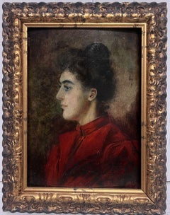 Beautiful 19th Century French Oil Painting on Panel Portrait Lady in Red