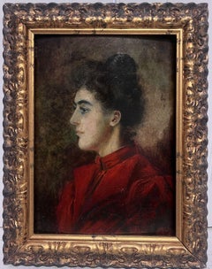 Precioso Óleo Francés del Siglo XIX Retrato Dama de Rojo