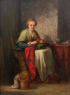 Fine French Antique Oil Painting Panel Lady Seated in Cottage Interior Knitting