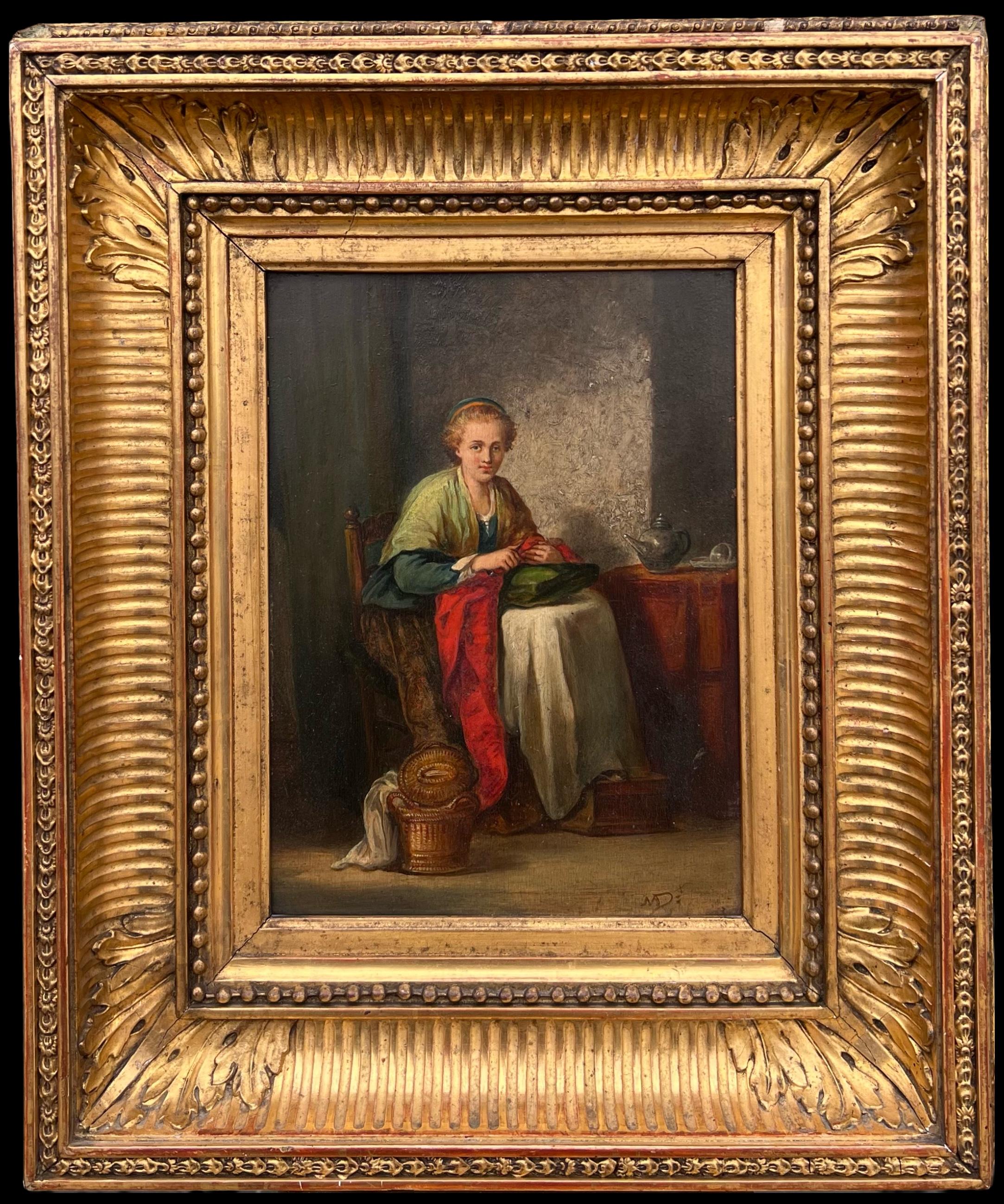 Pintura al Óleo Antigua Francesa Dama Sentada en una Cabaña Interior Tejiendo