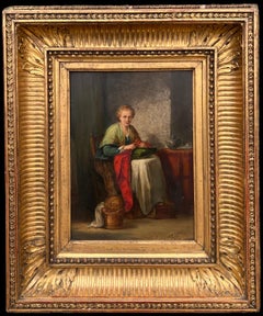 Fine French Antique Oil Painting Panel Lady Seated in Cottage Interior Knitting