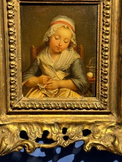 French 19th Century Oil, Portrait of a young girl knitting in an interior
