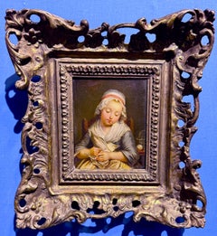French 19th Century Oil, Portrait of a young girl knitting in an interior