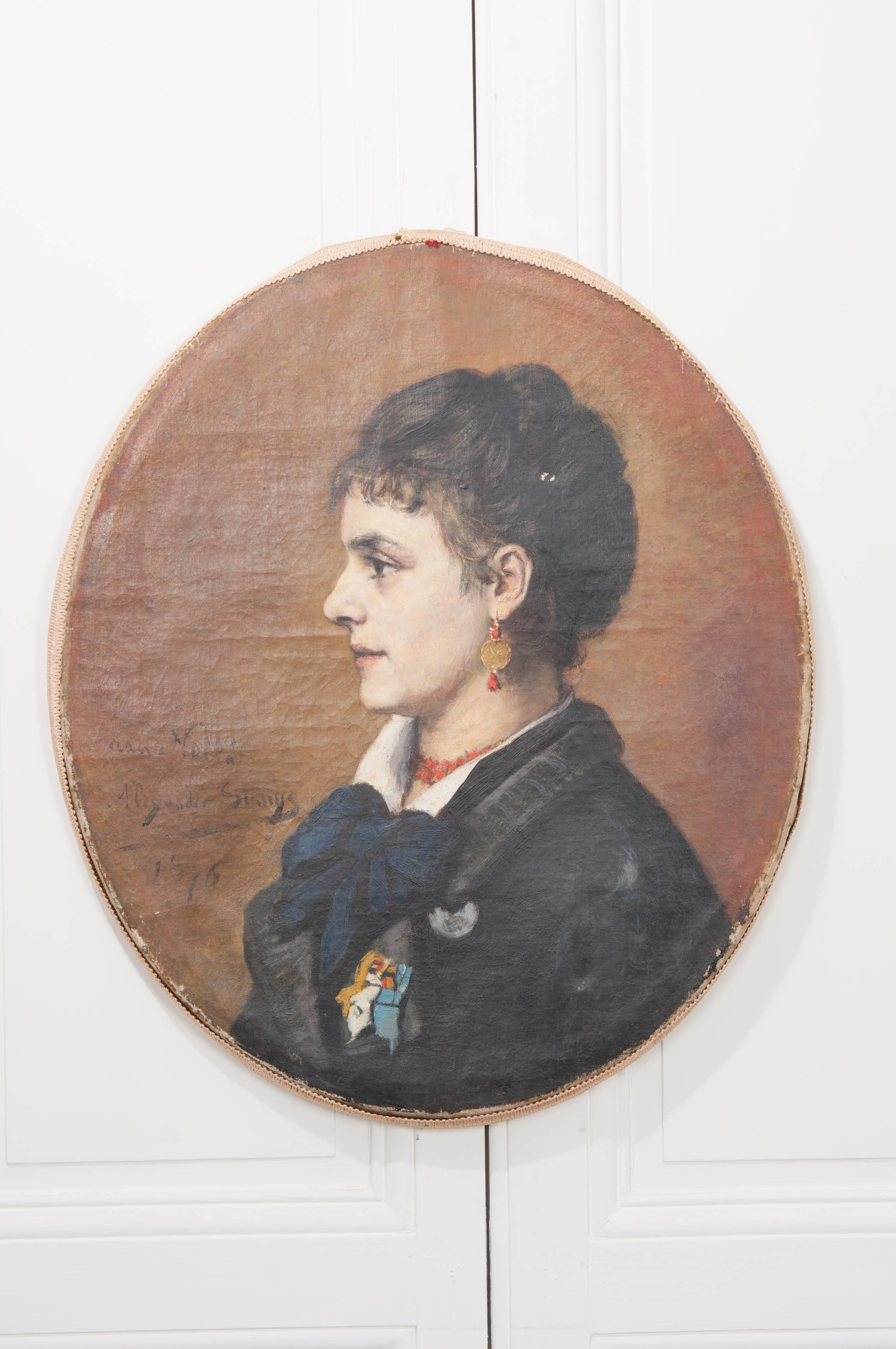 Patinated French 19th Century Oil Profile Portrait