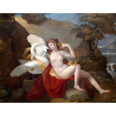 Óleo sobre lienzo de la escuela francesa Old Master del siglo XIX titulado "Leda y el cisne"