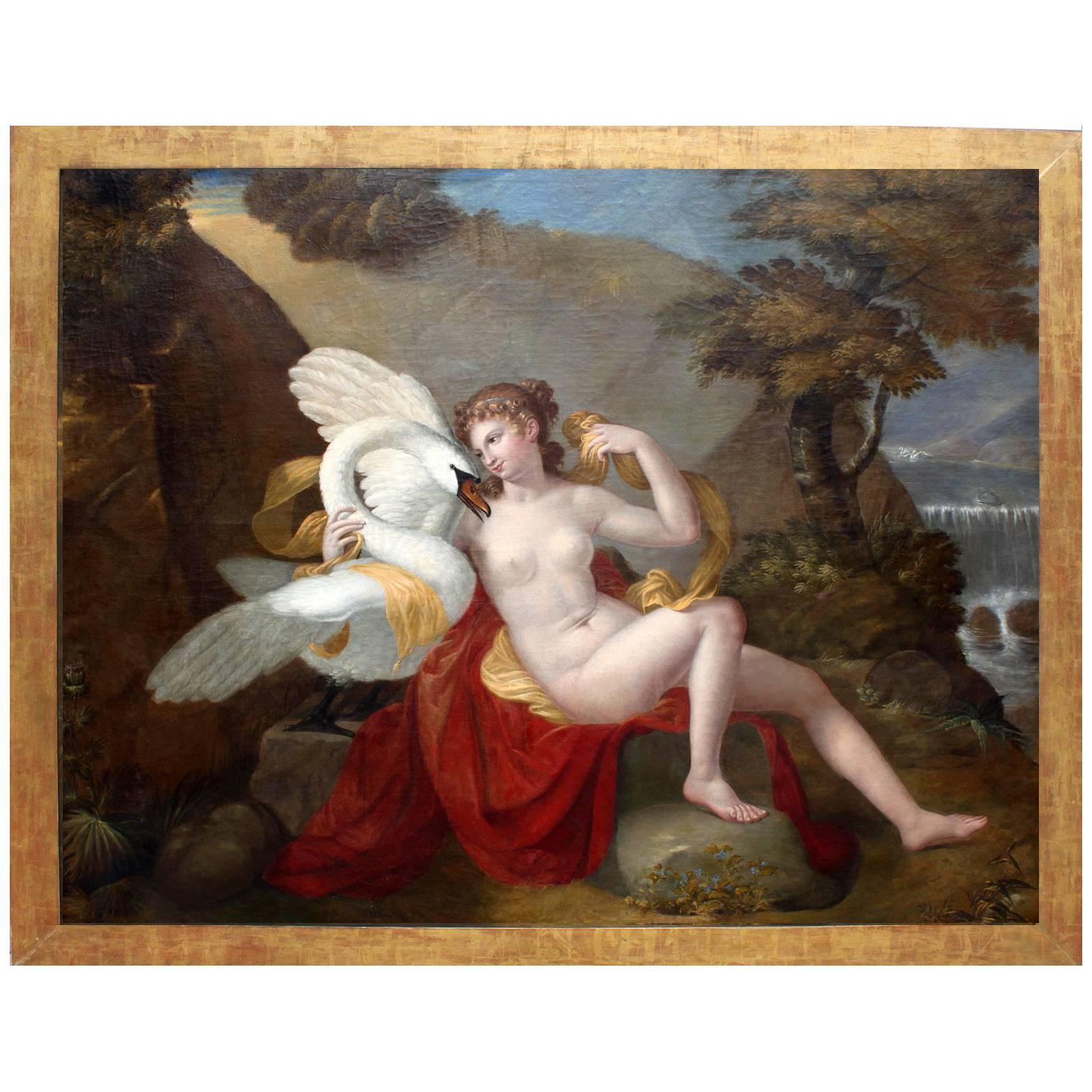 French 19th Century Old Master School Oil on Canvas Titled "Leda and The Swan"
