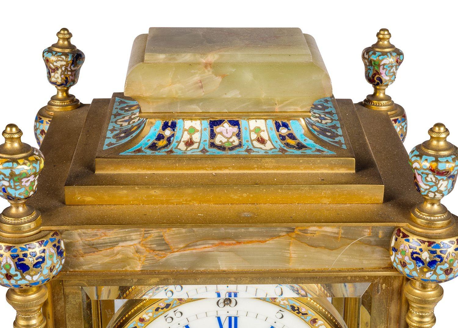 Gilt French 19th Century Onyx and Enamel mantel clock For Sale