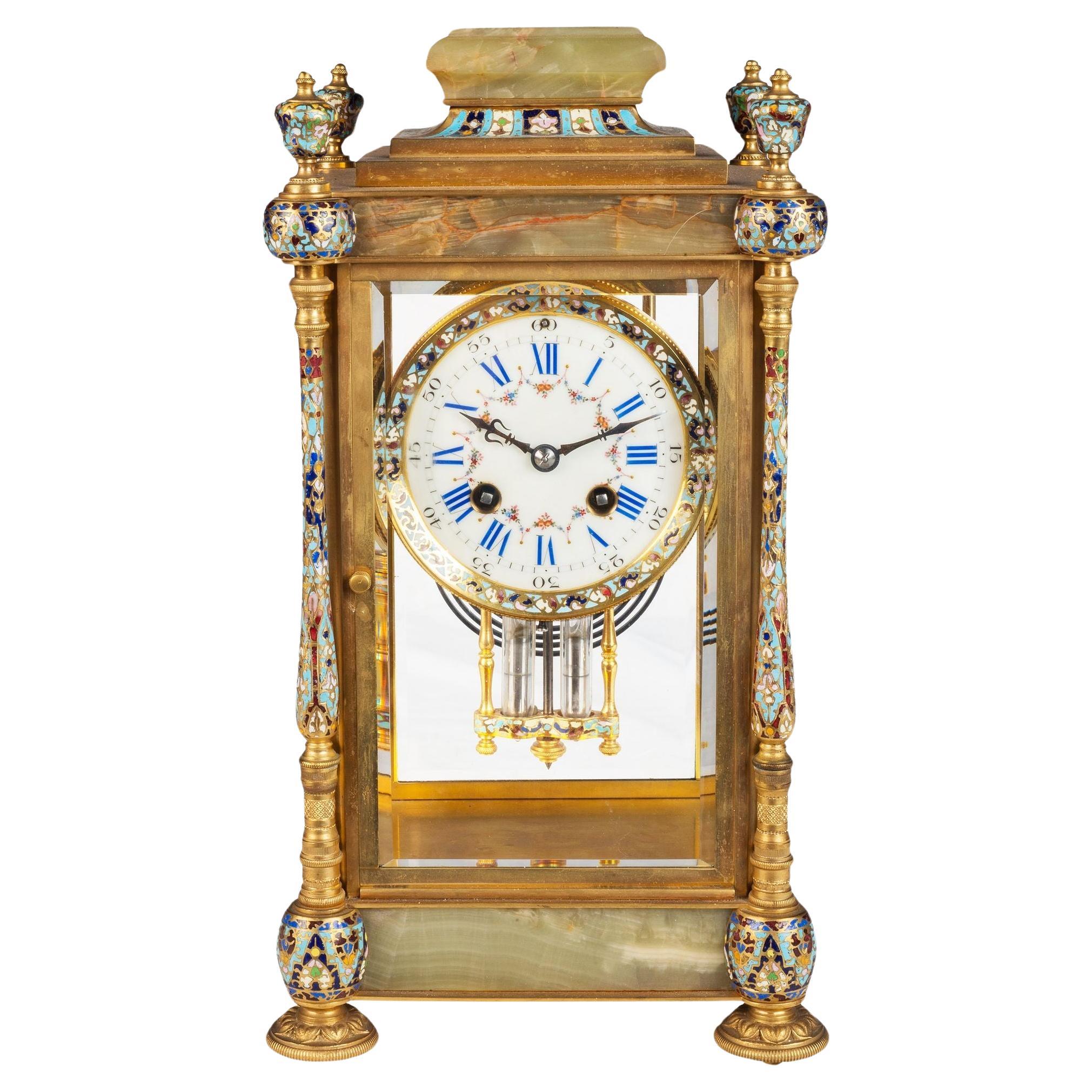French 19th Century Onyx and Enamel mantel clock For Sale