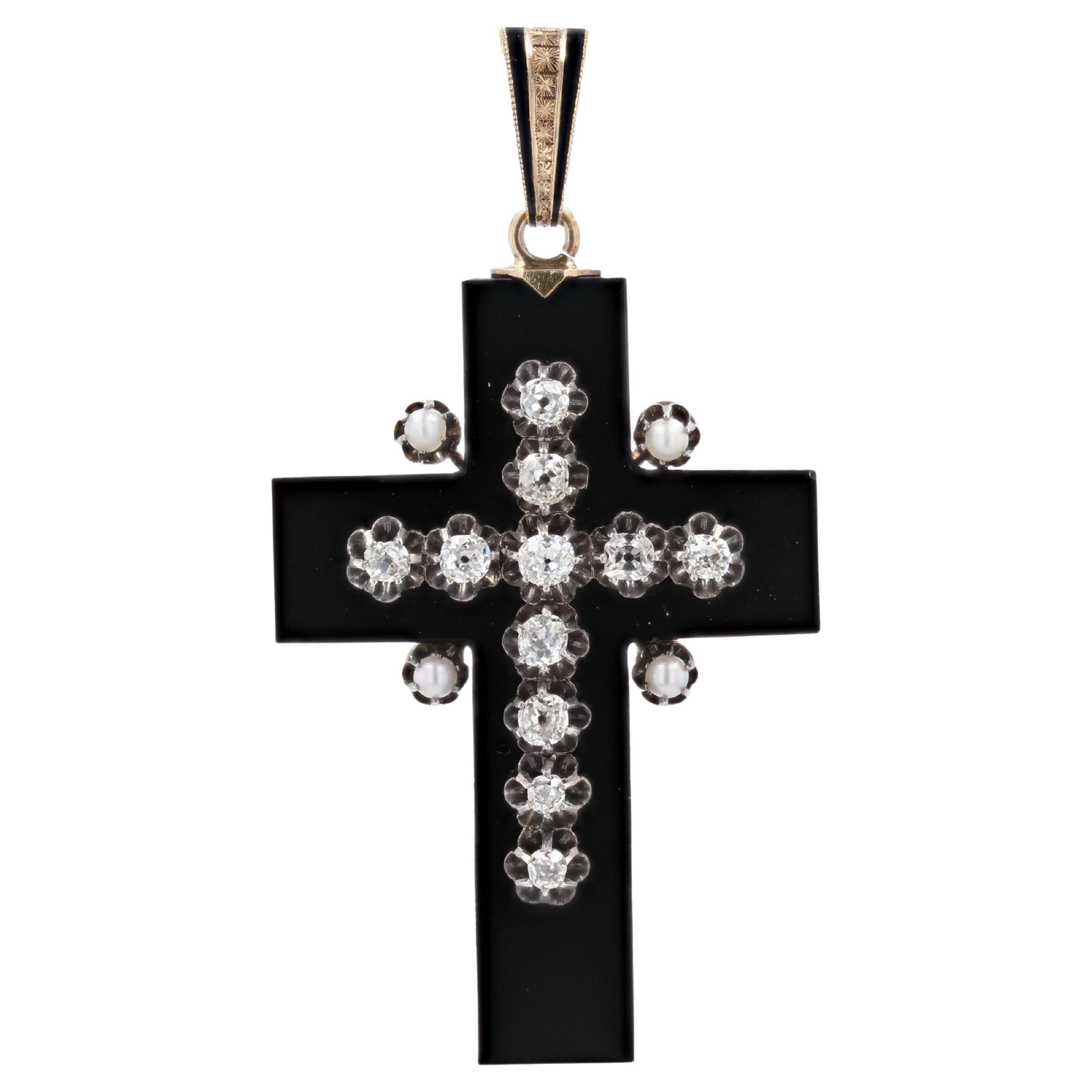 French 19th Century Onyx Diamonds Fine Pearl 18 Karat Yellow gold Cross Pendant