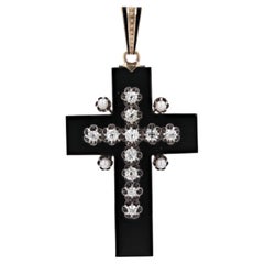 Antique French 19th Century Onyx Diamonds Fine Pearl 18 Karat Yellow gold Cross Pendant