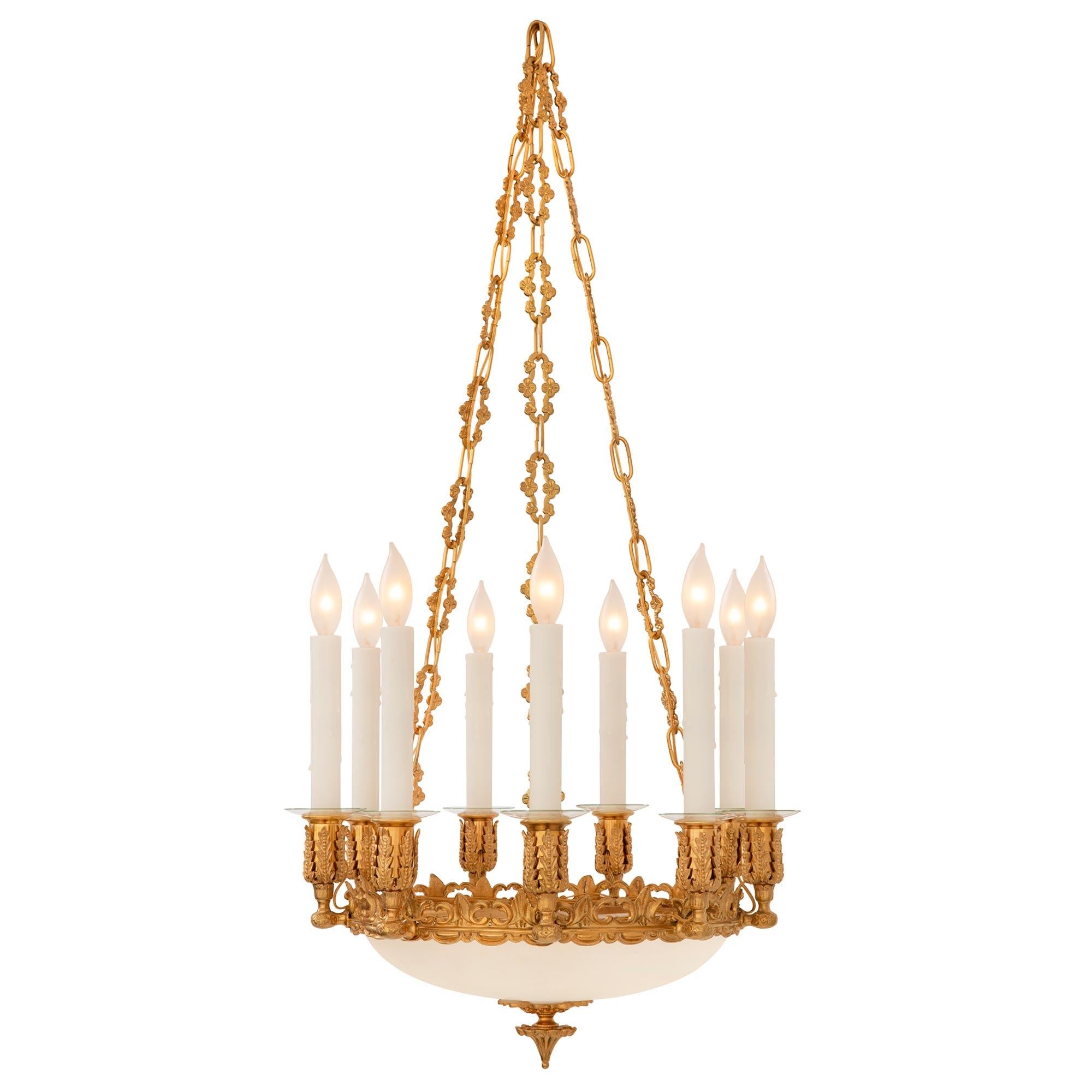 French 19th Century Ormolu And Frosted Glass Chandelier In Good Condition For Sale In West Palm Beach, FL