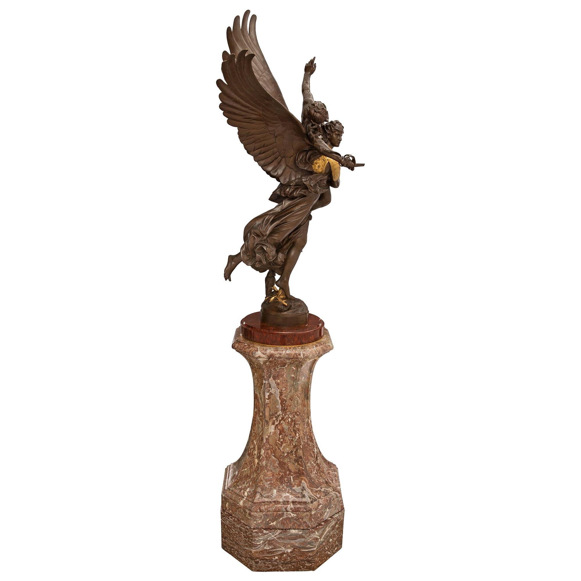 Patinated French 19th Century Ormolu, Bronze, and Marble Statue on Original Pedestal For Sale
